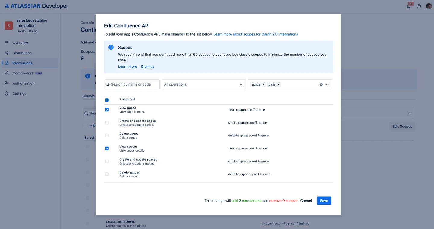 Step 5-Check the read-page-confluence, read-space-confluence, and read-attachment-confluence scopes. You might find it easiest to filter the scopes using the components along the top..webp